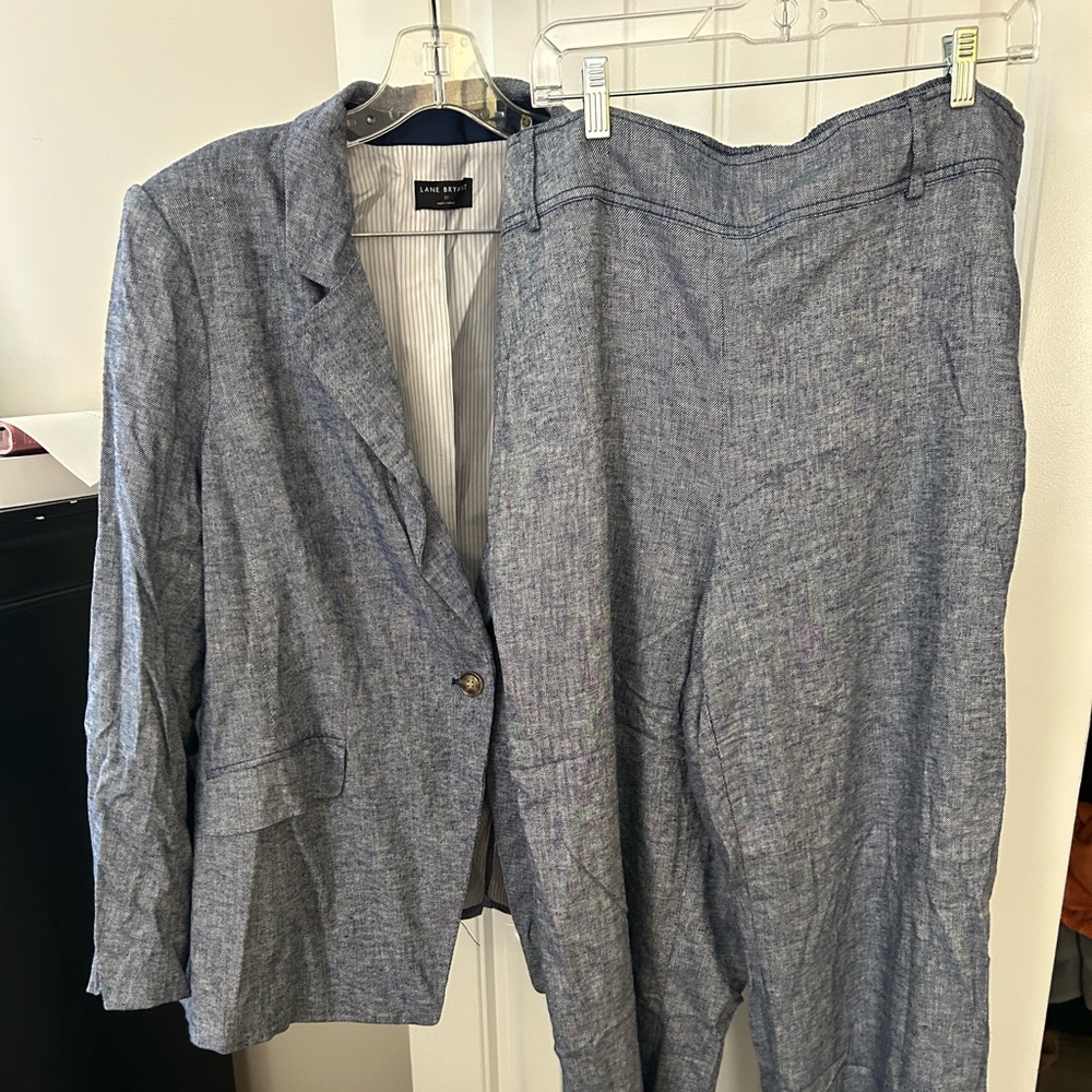 Blue Linen Women's Wide Pants & Blazer Set